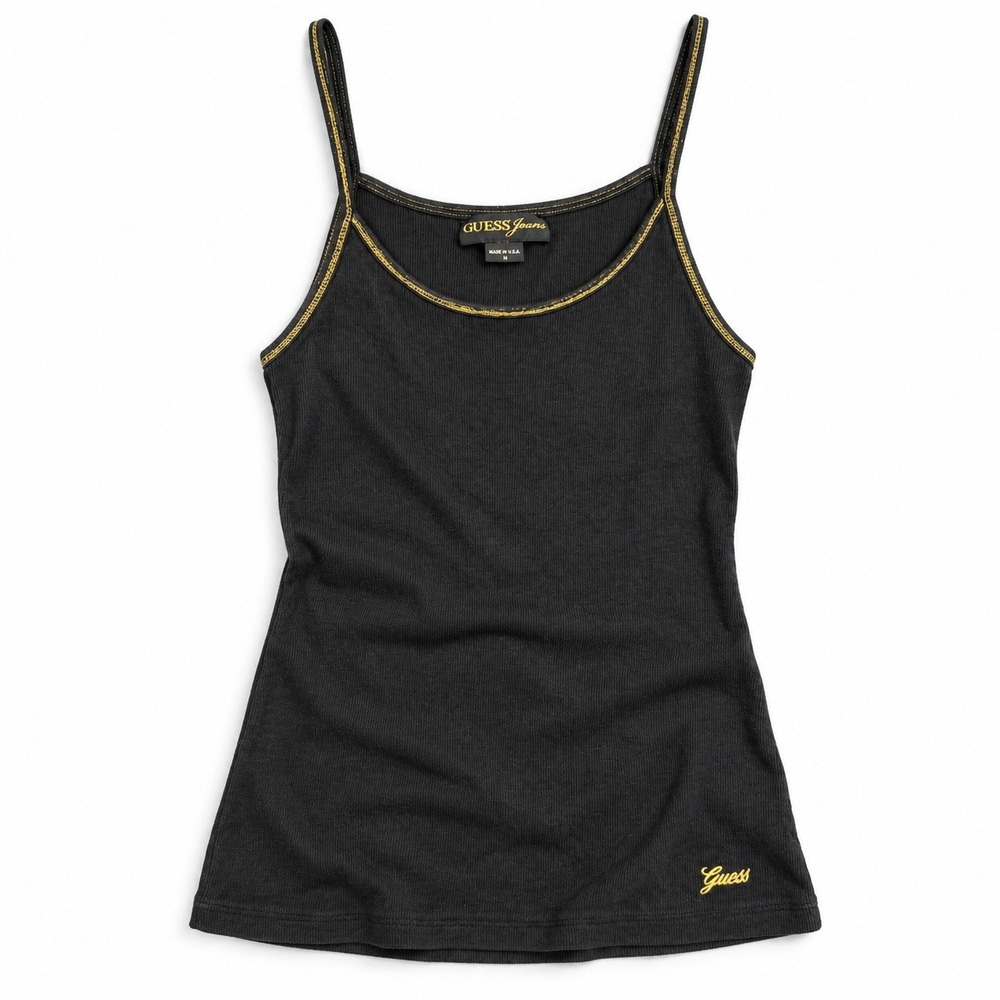 Guess Jeans Vintage Black Ribbed Cami Gold Stitching Logo Tank Top Made in USA M